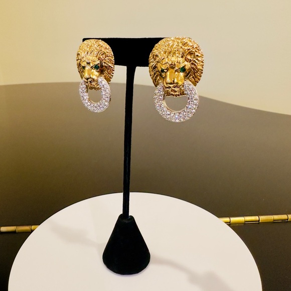 NWOT Authentic Vintage Retro Luxury Kenneth Jay Lane Lion Door Knocker Earrings - Picture 3 of 15